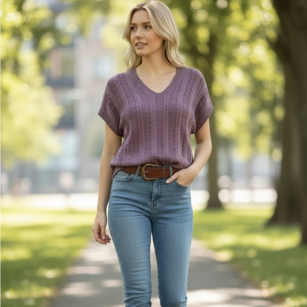 NWT Cobblestone Purple Cable Knit V-Neck Sweater Vest Size Large Made in Italy